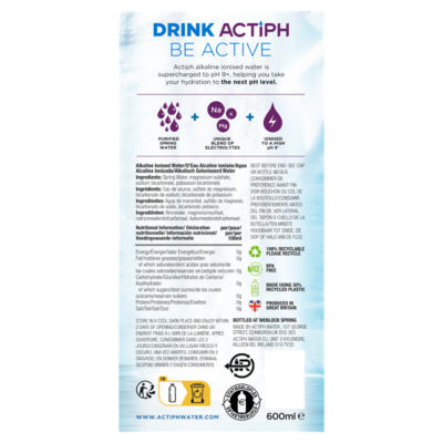 Actiph alkaline ionised water 6x600ml - British product