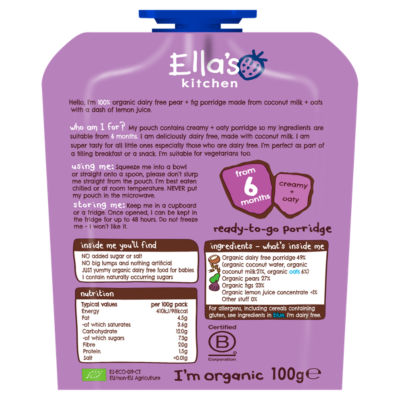 Ella's Kitchen dairy-free pear and fig porridge 100g - British product