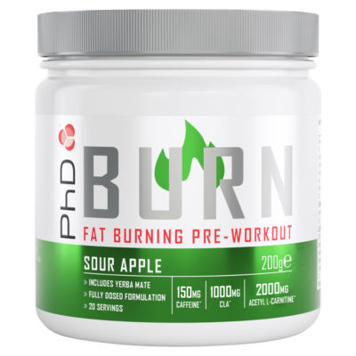 PhD pre-workout supplement powder Sour Apple 200g, imported from the UK