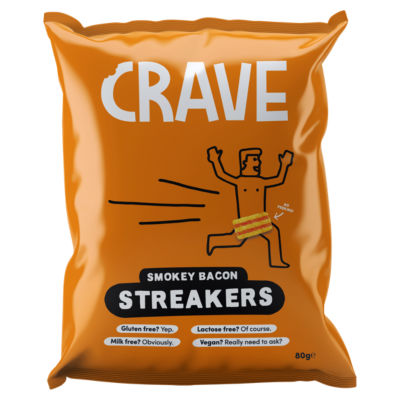 Crave Smokey Bacon Streakers 80g, imported from the UK