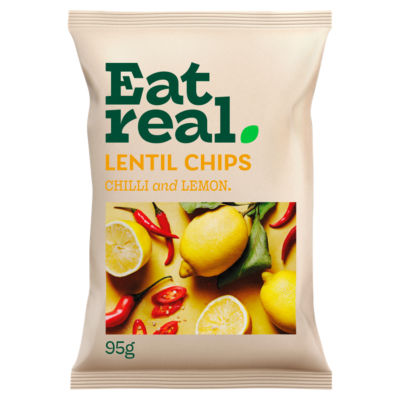 Eat Real chilli lemon lentil chips 95g, imported from the UK