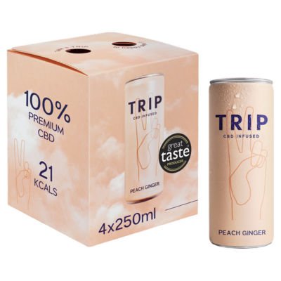 ASDA TRIP Fersken Ingefær CBD-infusert Musserende Drikke Multipack 4 x 250ml- Kjøp online hos McGrocer