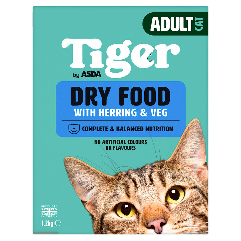 ASDA Tiger adult cat dry food herring vegetable 1.2kg - British product
