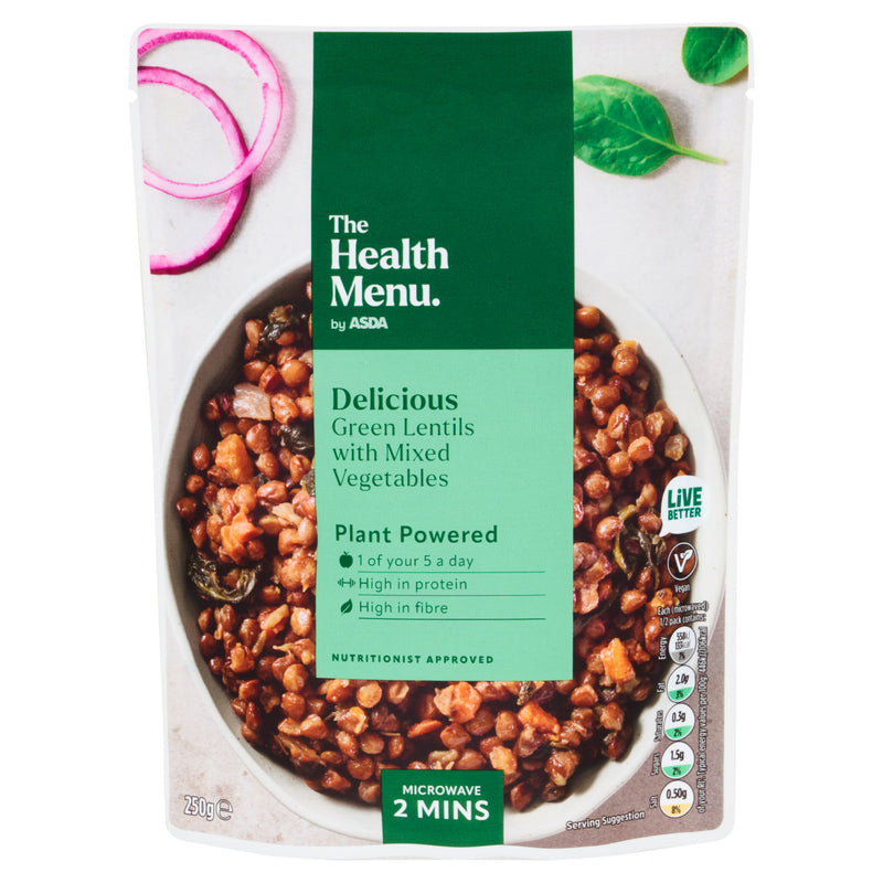 ASDA green lentils with mixed vegetables ready-to-eat meal 250g (British brand)