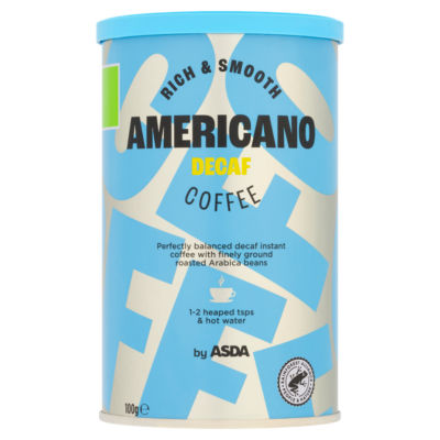 ASDA Americano Decaf Coffee 100g tin, imported from the UK