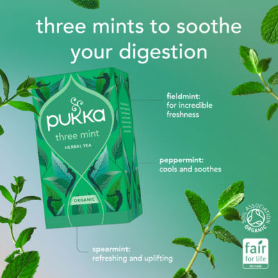 Pukka Three Mint Organic Herbal Tea Bags 32g, imported from the UK