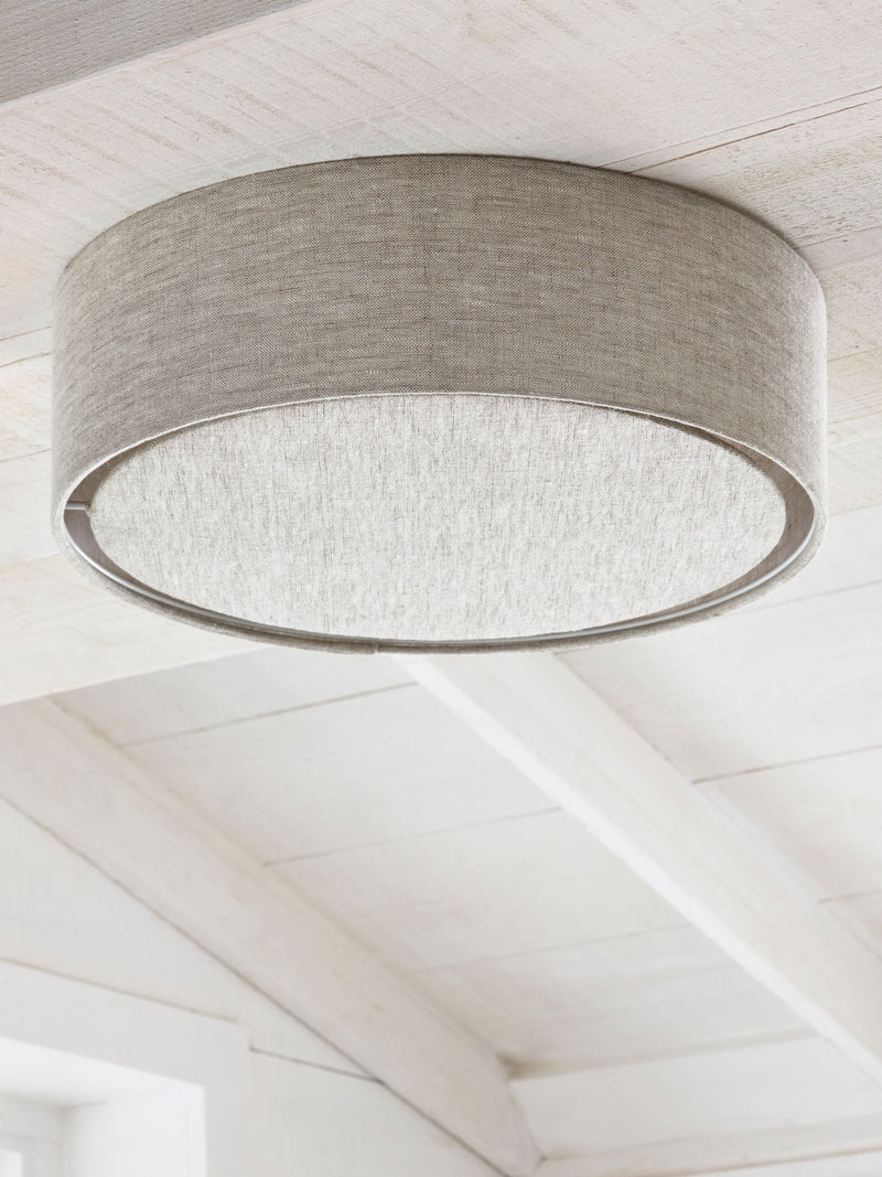 Malvern oatmeal flush ceiling light with linen shade, UK version