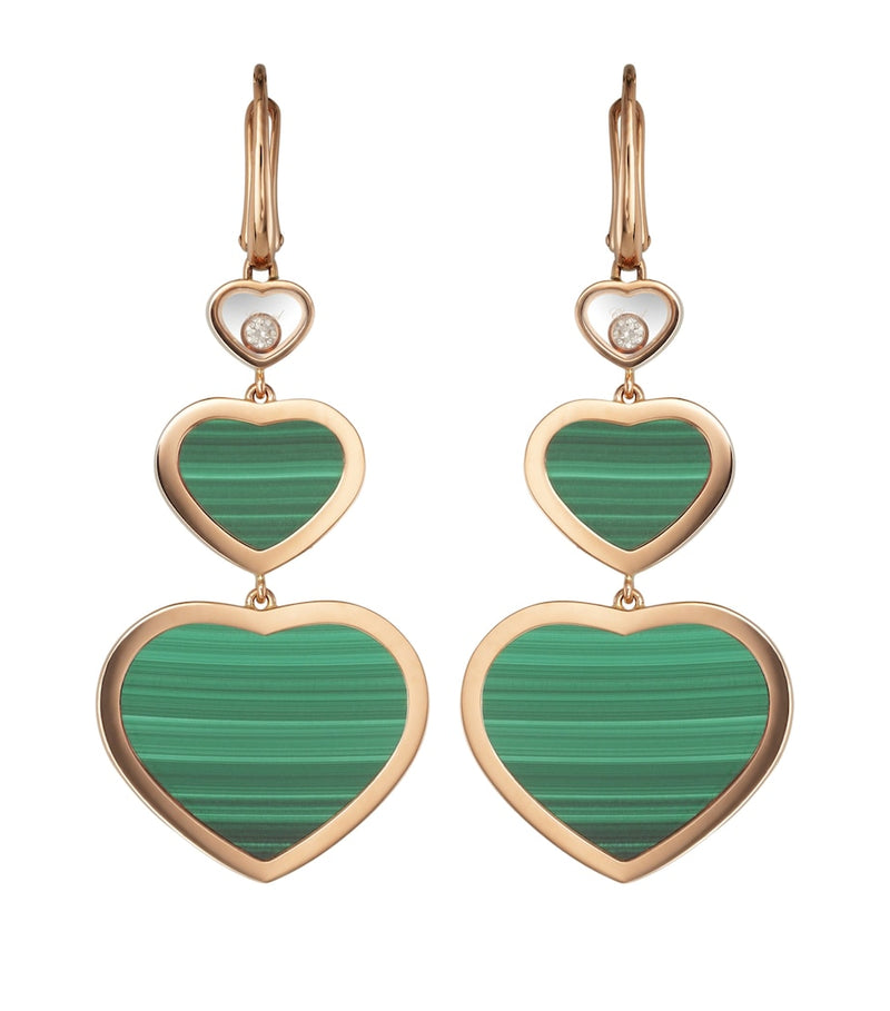 Chopard Happy Hearts drop earrings in 18k rose gold with malachite and moving diamond, UK version