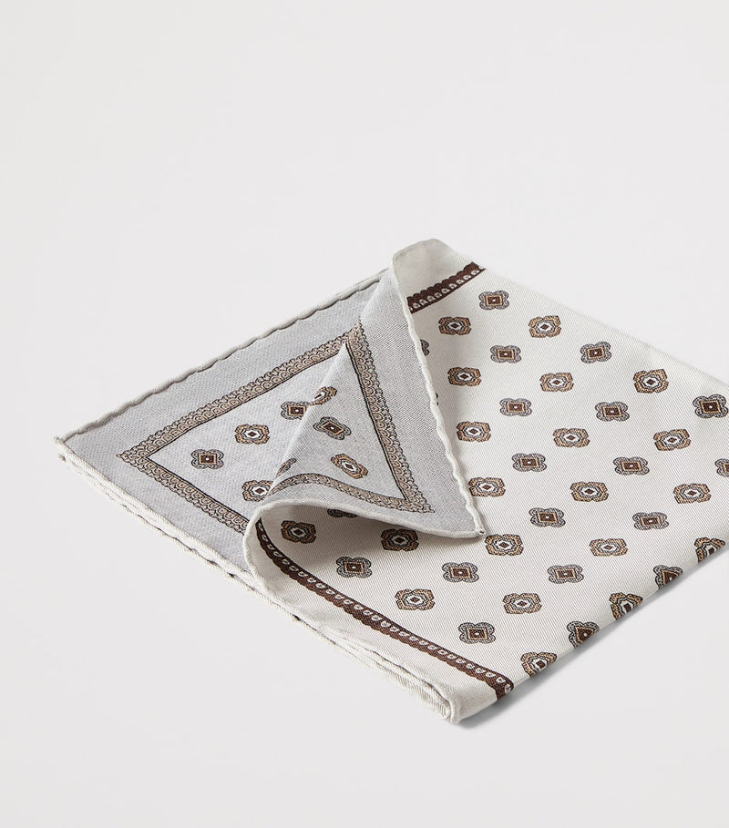 Brunello Cucinelli silk medallion pocket square 35cm, imported from the UK