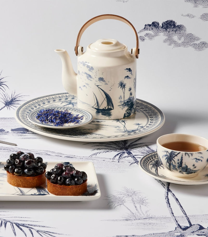 Gien ceramic teacup and saucer blue-and-white transferware, UK version