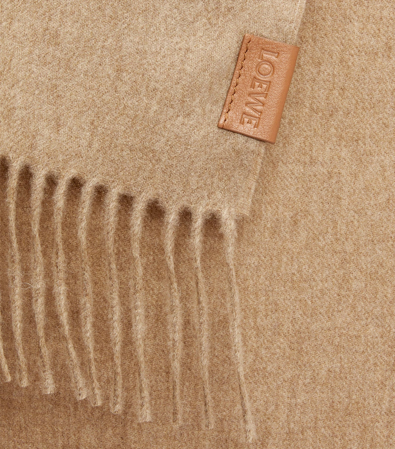 LOEWE Cashmere Scarf in neutral hue with fringed hems, UK version