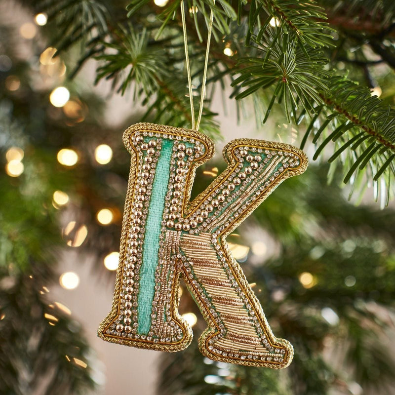 Fortnum's embroidered letter K Christmas decoration Eau de Nil, UK version