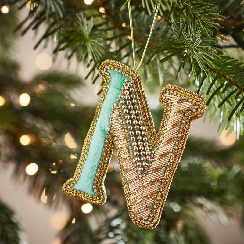 Fortnum's embroidered alphabet Christmas decoration letter N, eau de nil (British brand)