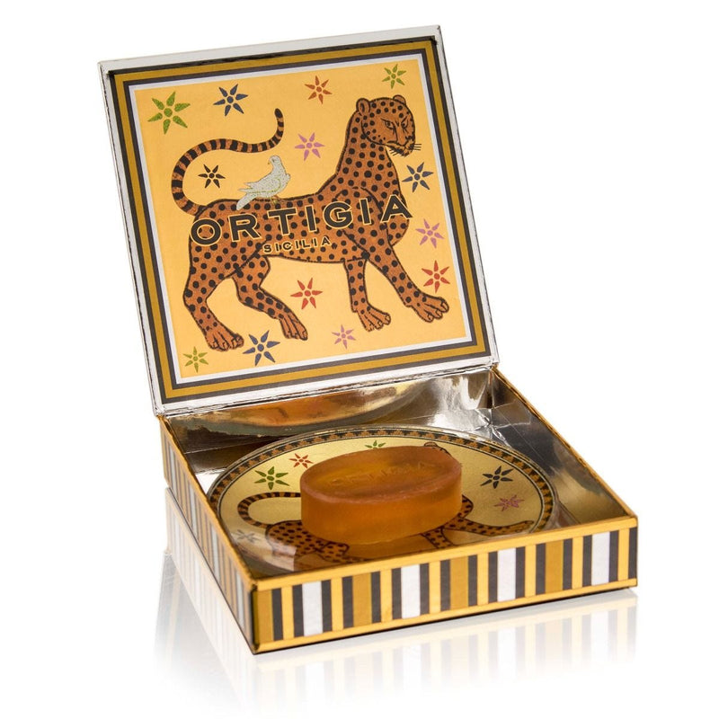 Ortigia Sicilia Ambra Nera glass plate and soap set, UK version