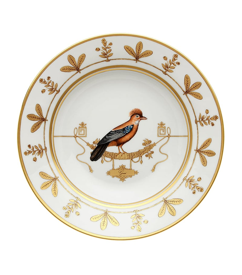Ginori 1735 porcelain soup plate with bird illustration and gold motifs, 24.5cm, UK version