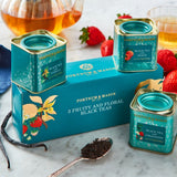 Three 25g mini scented black tea caddies, vanilla, strawberry, peach (British brand)