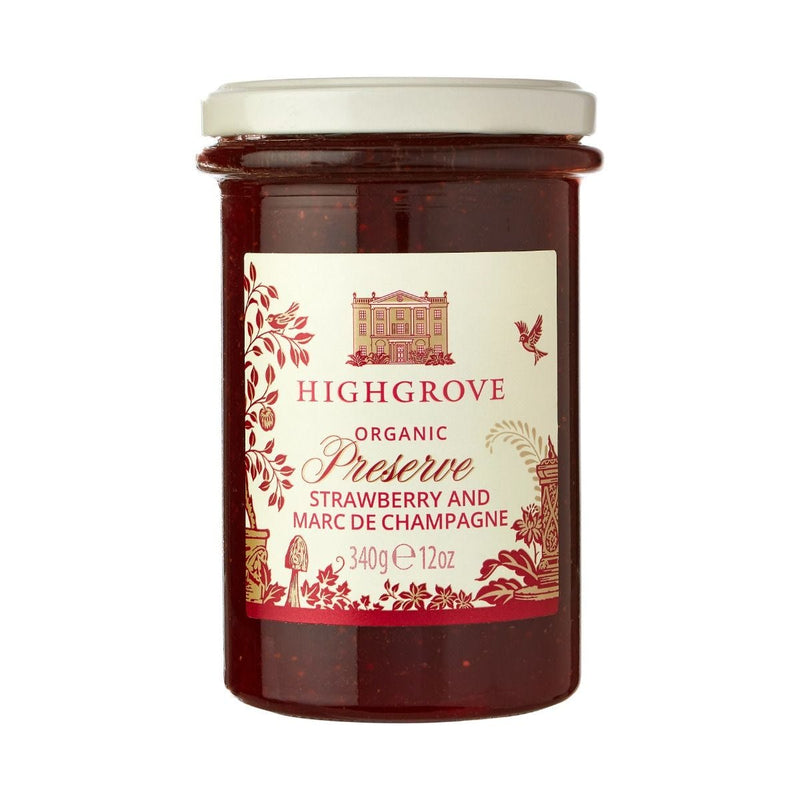Highgrove organic strawberry preserve with Marc de Champagne, imported from the UK