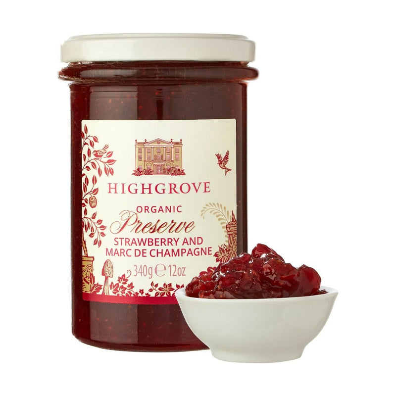Highgrove organic strawberry preserve with Marc de Champagne, imported from the UK