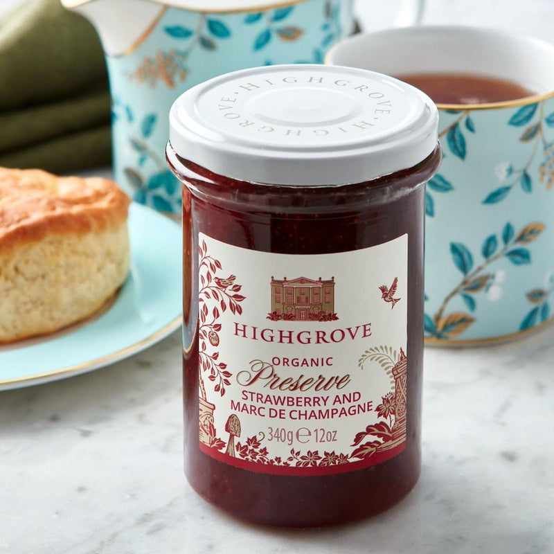 Highgrove organic strawberry preserve with Marc de Champagne, imported from the UK