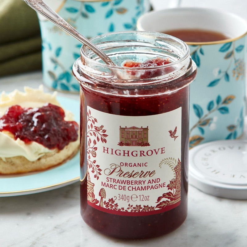 Highgrove organic strawberry preserve with Marc de Champagne, imported from the UK
