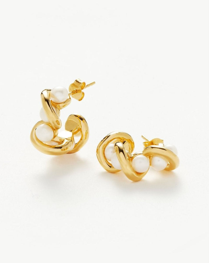 Missoma molten knot pearl hoop earrings in gold, imported from the UK
