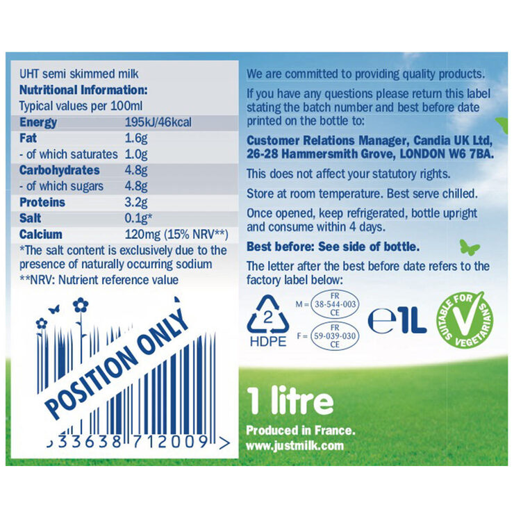 Candia UHT Semi-Skimmed Milk 6 x 1L - British product
