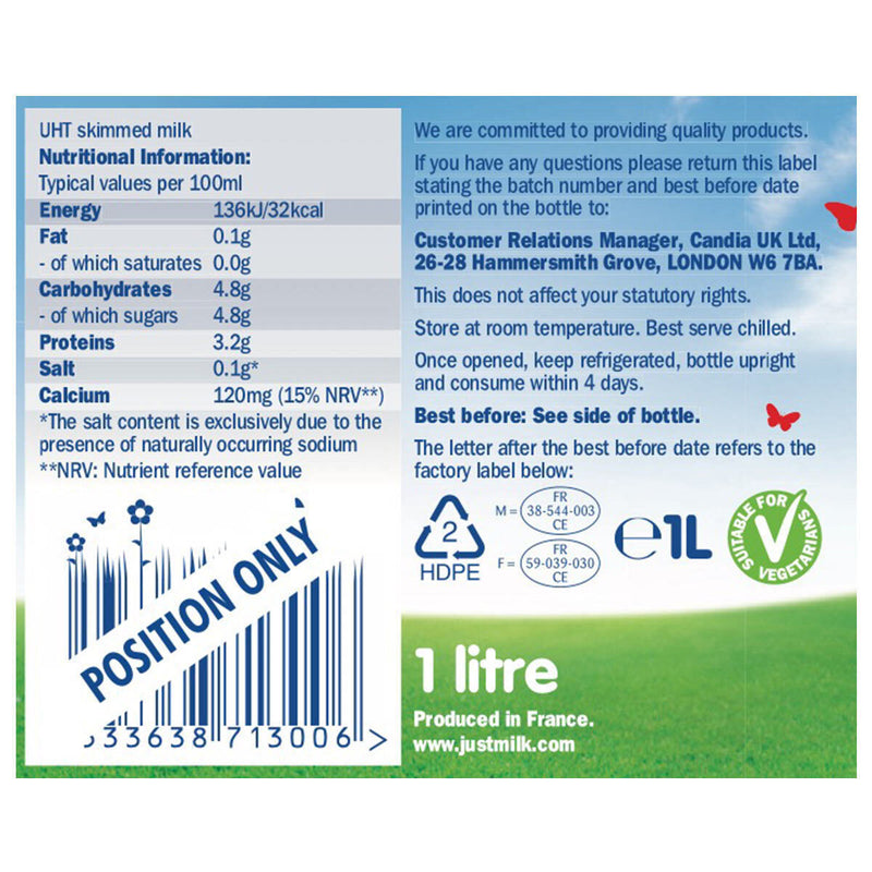 Candia UHT skimmed milk 6 x 1L - British product