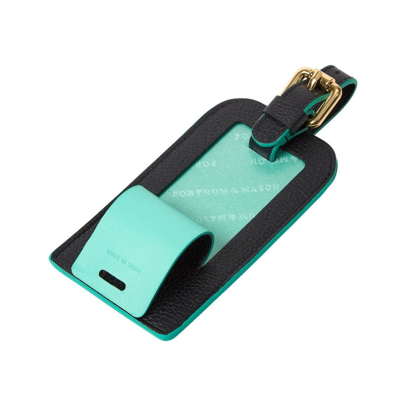 Fortnum's navy leather luggage tag, imported from the UK