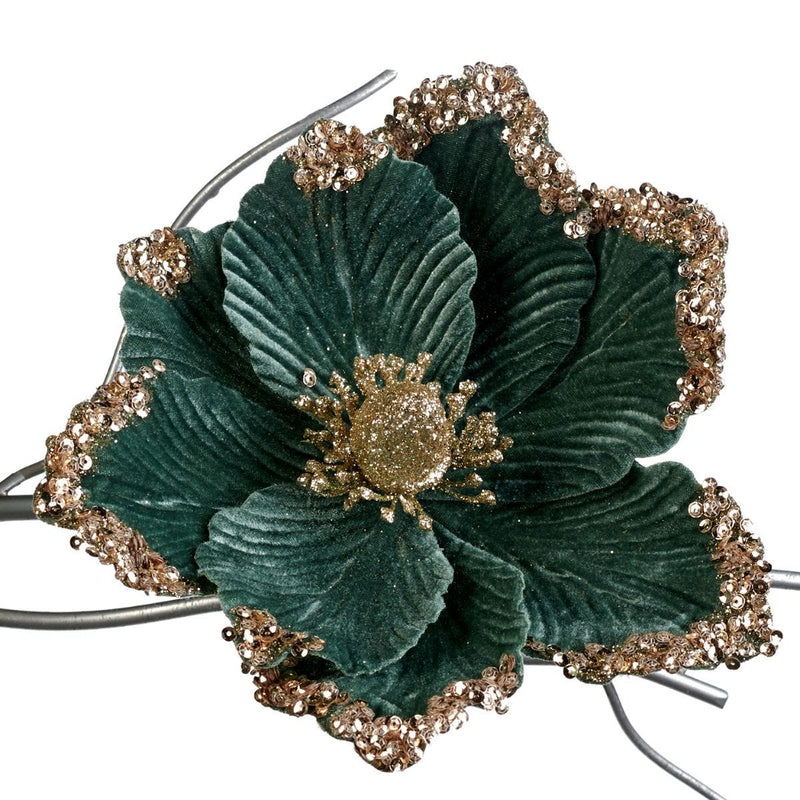 Blue velvet magnolia Christmas decoration 25cm with clip - British product