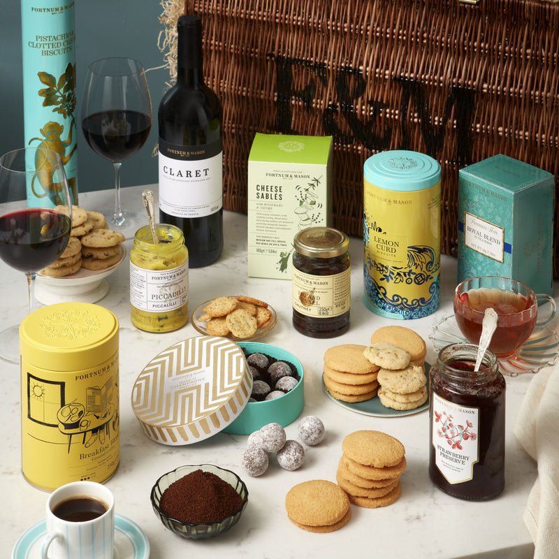Fortnum and Mason wicker gift hamper with teatime treats - British product