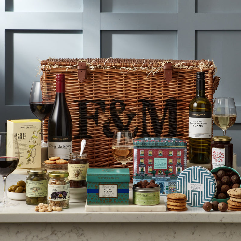 Fortnum's wicker hamper with sweet and savoury treats, imported from the UK