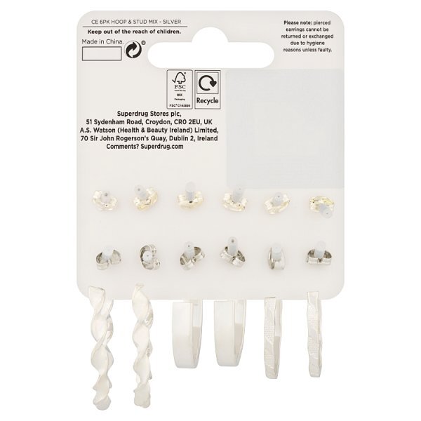 Superdrug Silver Tone 6 Pack Hoop & Stud Mix GOODS Superdrug