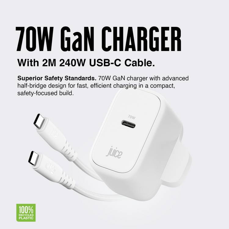 Juice 70W USB-C laptop charger with 2m cable, British brand