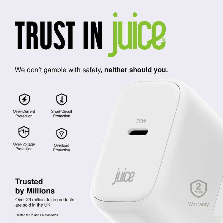 Juice 70W USB-C laptop charger with 2m cable, British brand