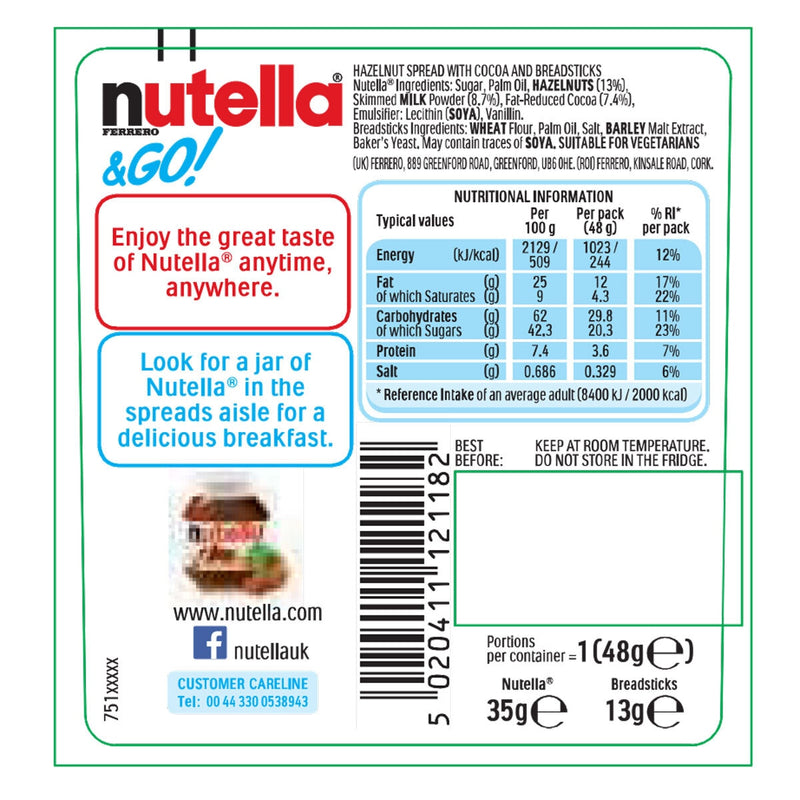 Nutella hazelnut spread with breadsticks snack pack 12 x 48g, imported from the UK