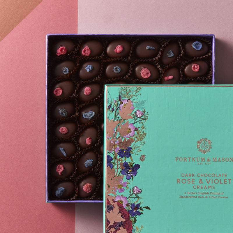 Fortnum's dark chocolate rose and violet creams 475g, UK version