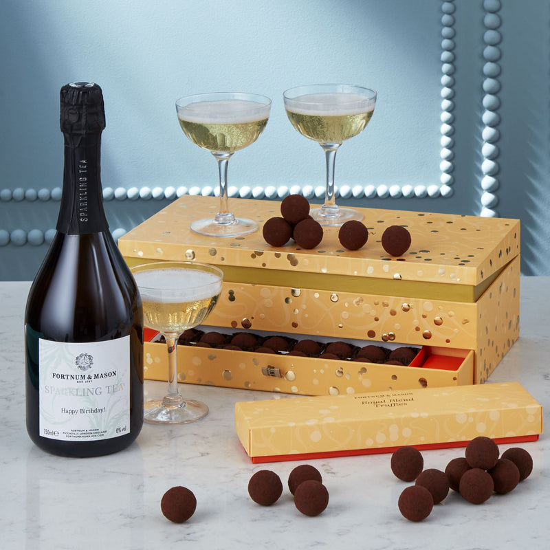 Fortnum's sparkling tea celebration box with chocolate truffles, imported from the UK