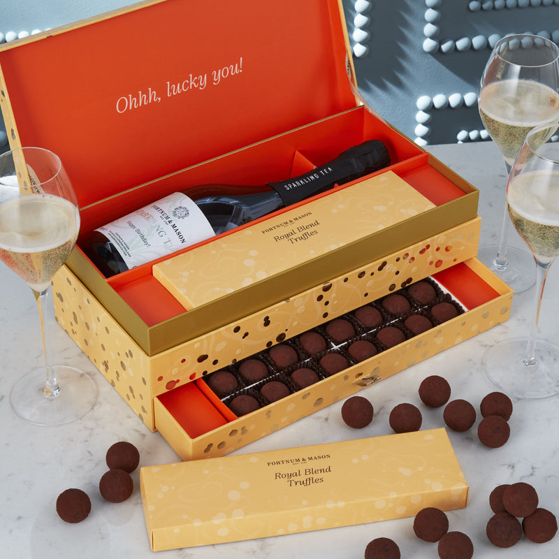 Fortnum's sparkling tea celebration box with chocolate truffles, imported from the UK