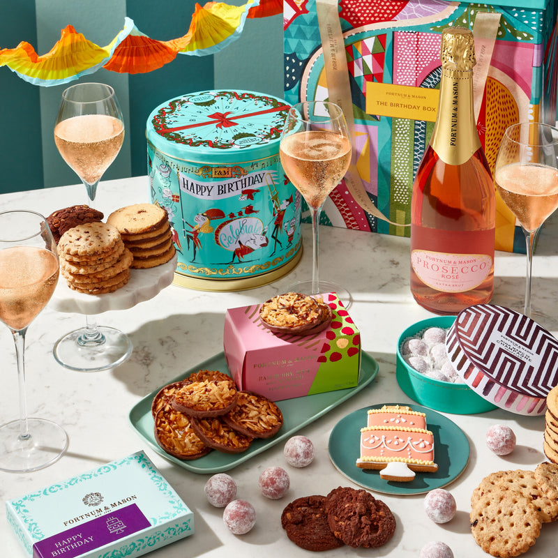 Fortnum's sparkling birthday gift box with prosecco and biscuits, UK version