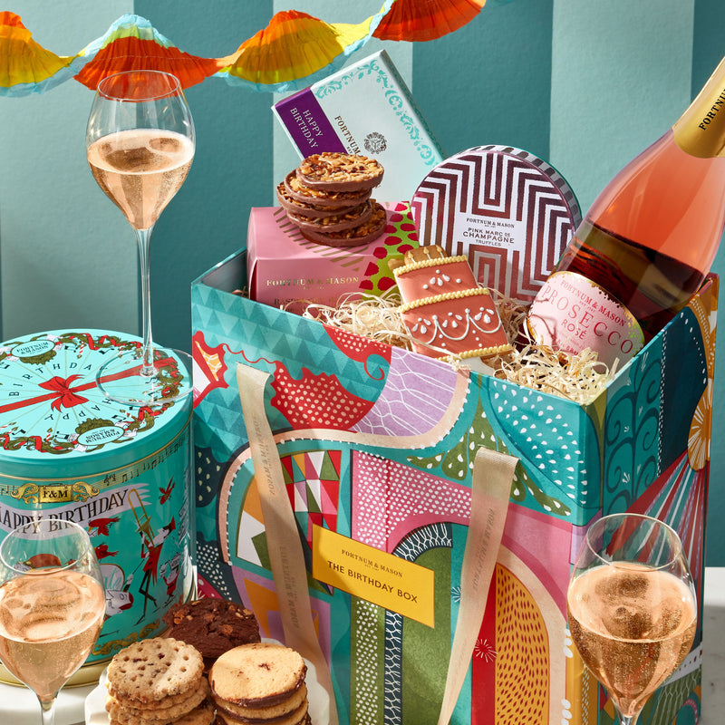 Fortnum's sparkling birthday gift box with prosecco and biscuits, UK version