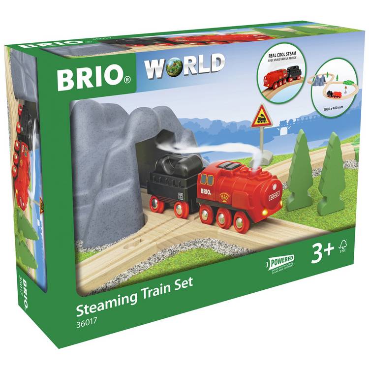 Brio steaming train set with wooden tracks and realistic steam effects (British brand)