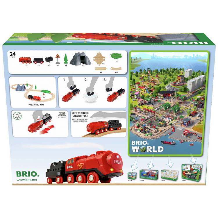 Brio steaming train set with wooden tracks and realistic steam effects (British brand)