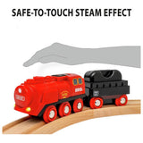 Brio steaming train set with wooden tracks and realistic steam effects (British brand)