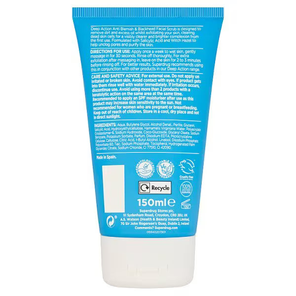 Superdrug Deep Action Anti Blemish Facial Scrub 150ml - British product