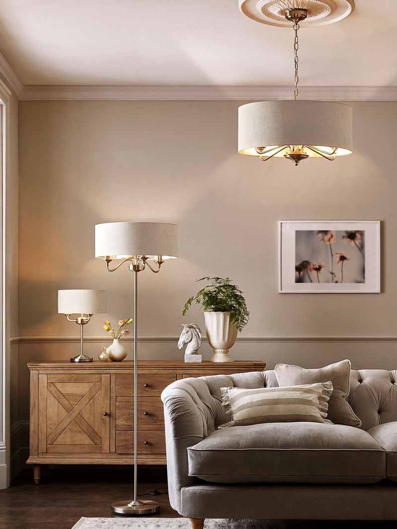 Burford brushed nickel three-light table lamp 48cm, UK version