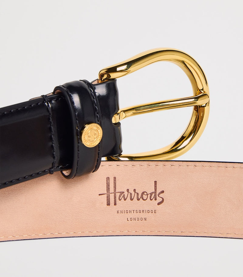 Harrods black leather belt with gold-tone H-branded stud (British brand)