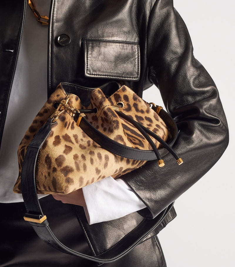 Jimmy Choo medium Cinch leopard print bucket bag (British brand)