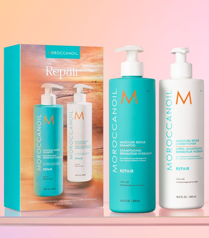 Moroccanoil repair shampoo and conditioner duo 500ml bottles, imported from the UK
