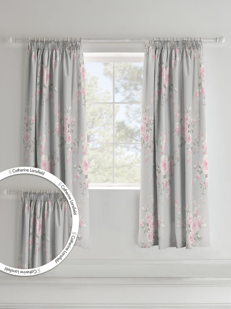 Catherine Lansfield grey floral pencil pleat curtains, UK version