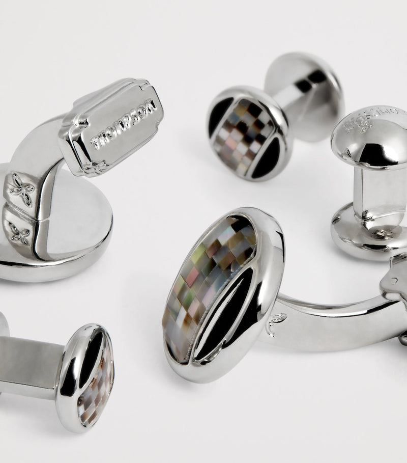 Tateossian Thompson mother-of-pearl cufflinks and studs set (British brand)